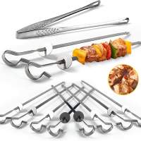 JIPRENS 10 pieces grill skewers and 1 piece grill tongs - 410 stainless steel grill skewers with slide control Perfect from the