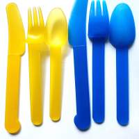 Çatal bıçak takımı plastik i. mavi, sarı 3 adet yeniden kullanılabilir - yeniden kullanılabilir